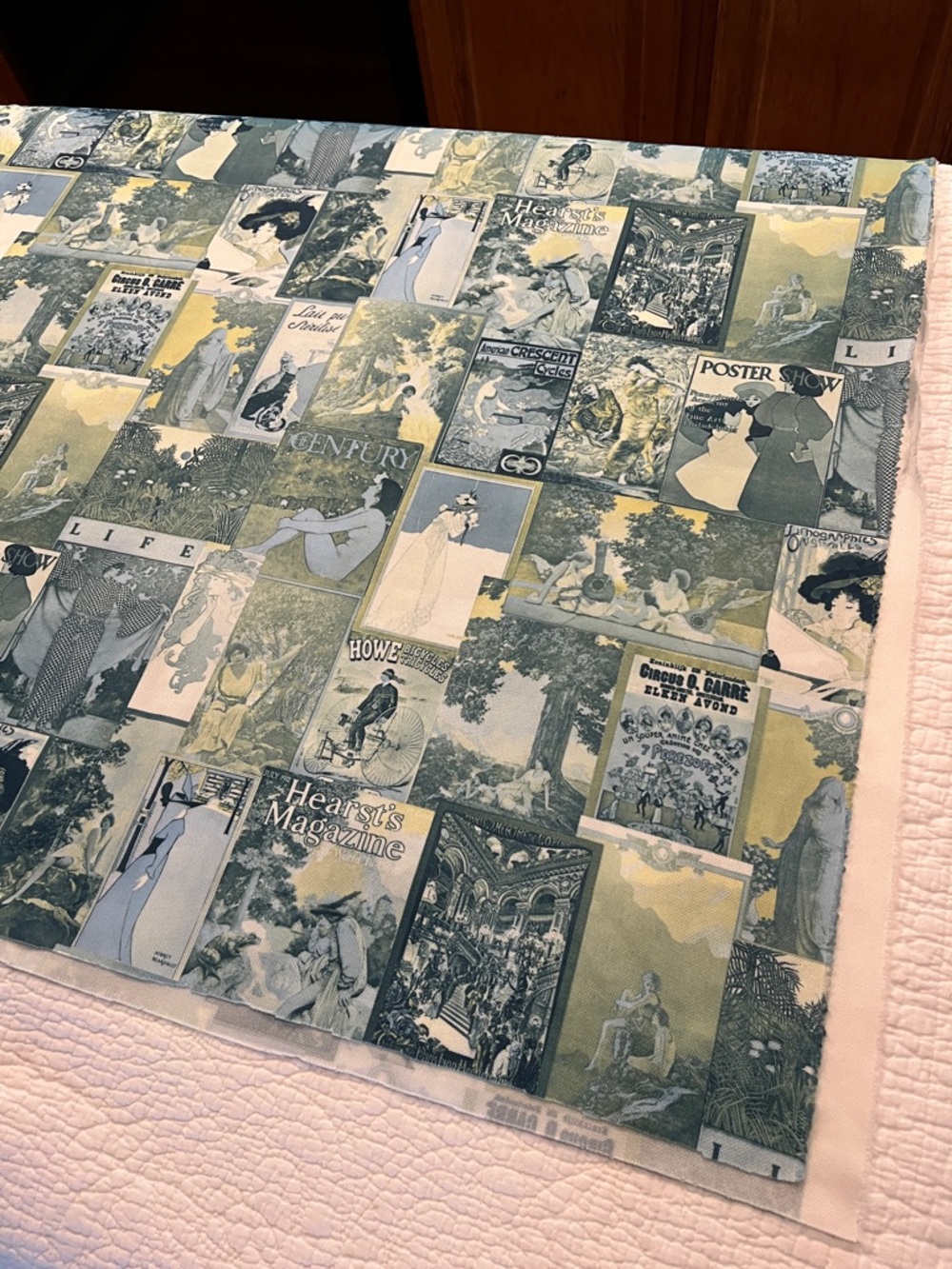 Vintage Fabric Panel  - Blue Green Cream Old Advertisements 1.5 yards